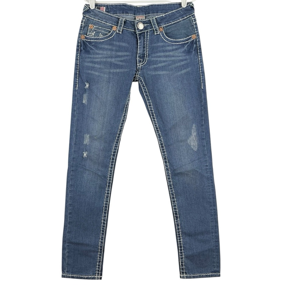True Religion Women Joey Distressed Blue Jean Sz 29 Stretch Slim Leg Flap Pocket